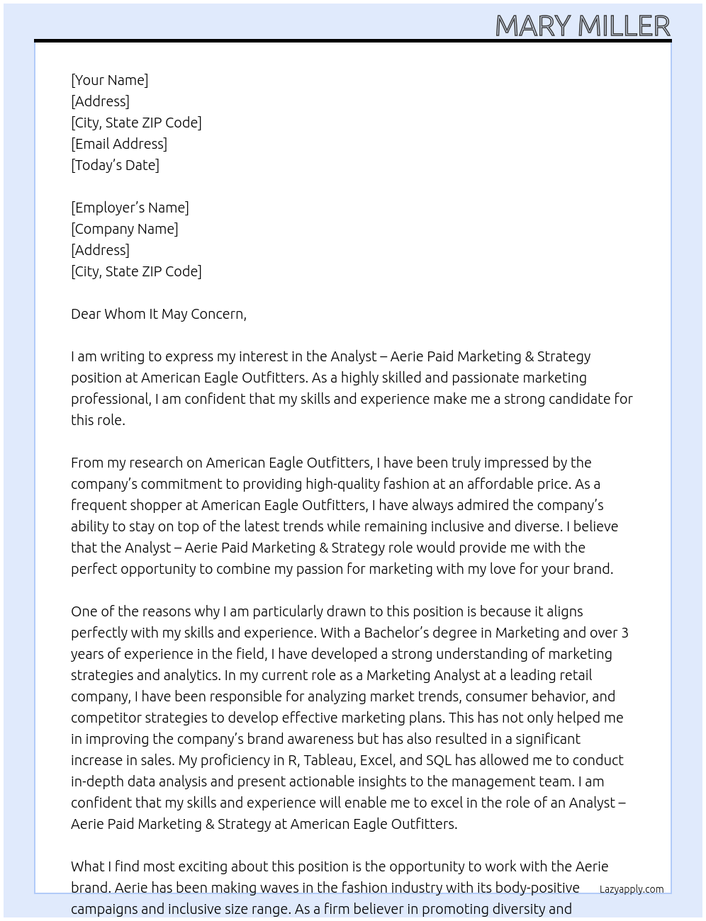 Analyst - Aerie Paid Marketing & Strategy At American Eagle Outfitters Cover Letter