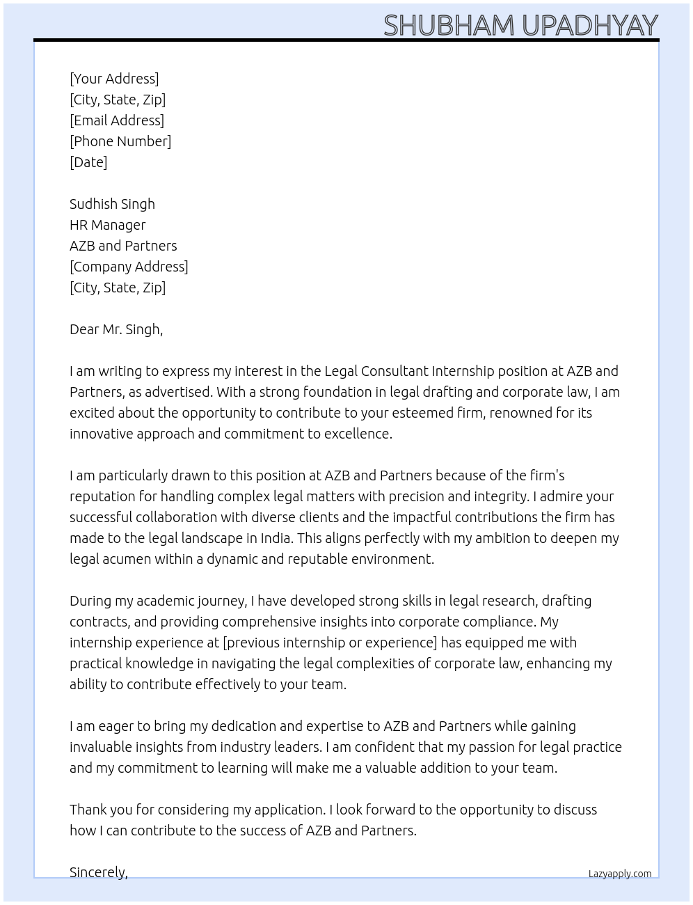 Legal consultant At AZB and Partners Cover Letter