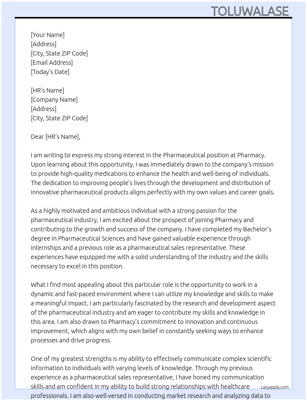 Pharmaceutical  At Pharmacy  Cover Letter