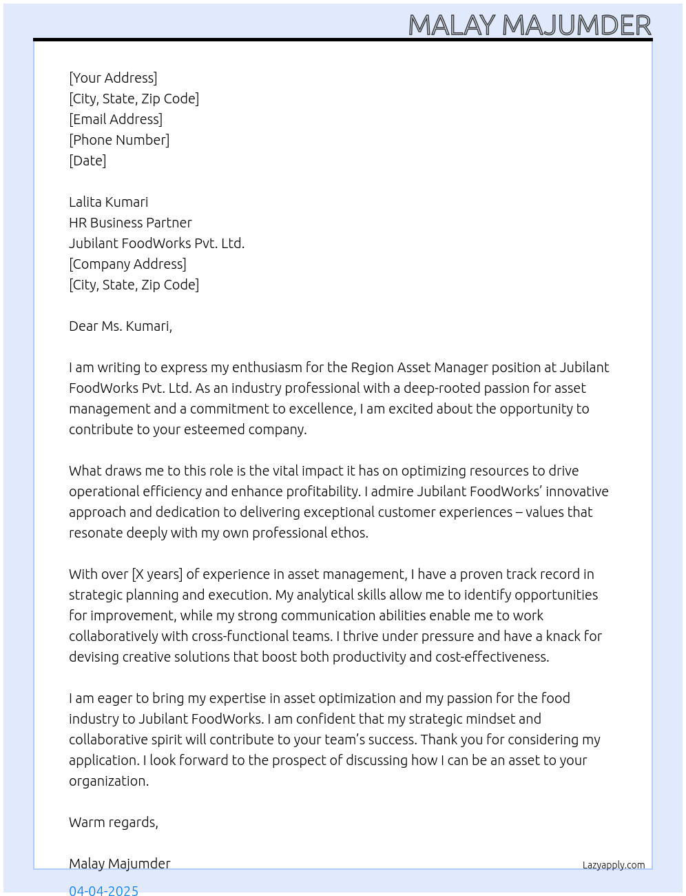 Cover letter for region asset manager - LazyApply