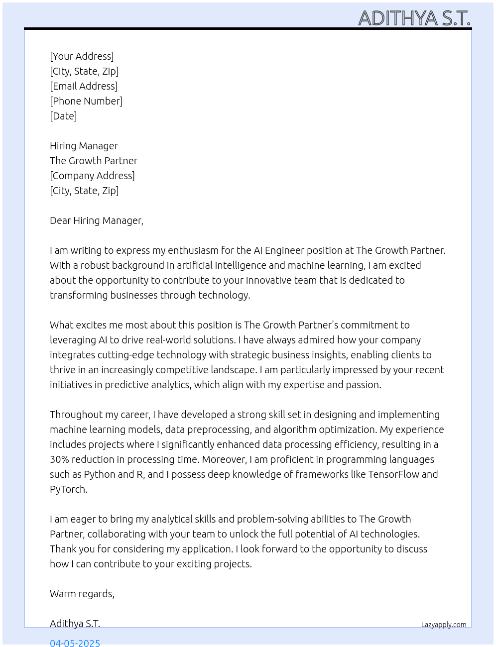 AI Engineer At The Growth Partner Cover Letter