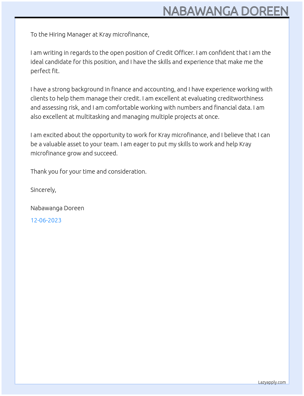 Credit officer  At Kray microfinance  Cover Letter