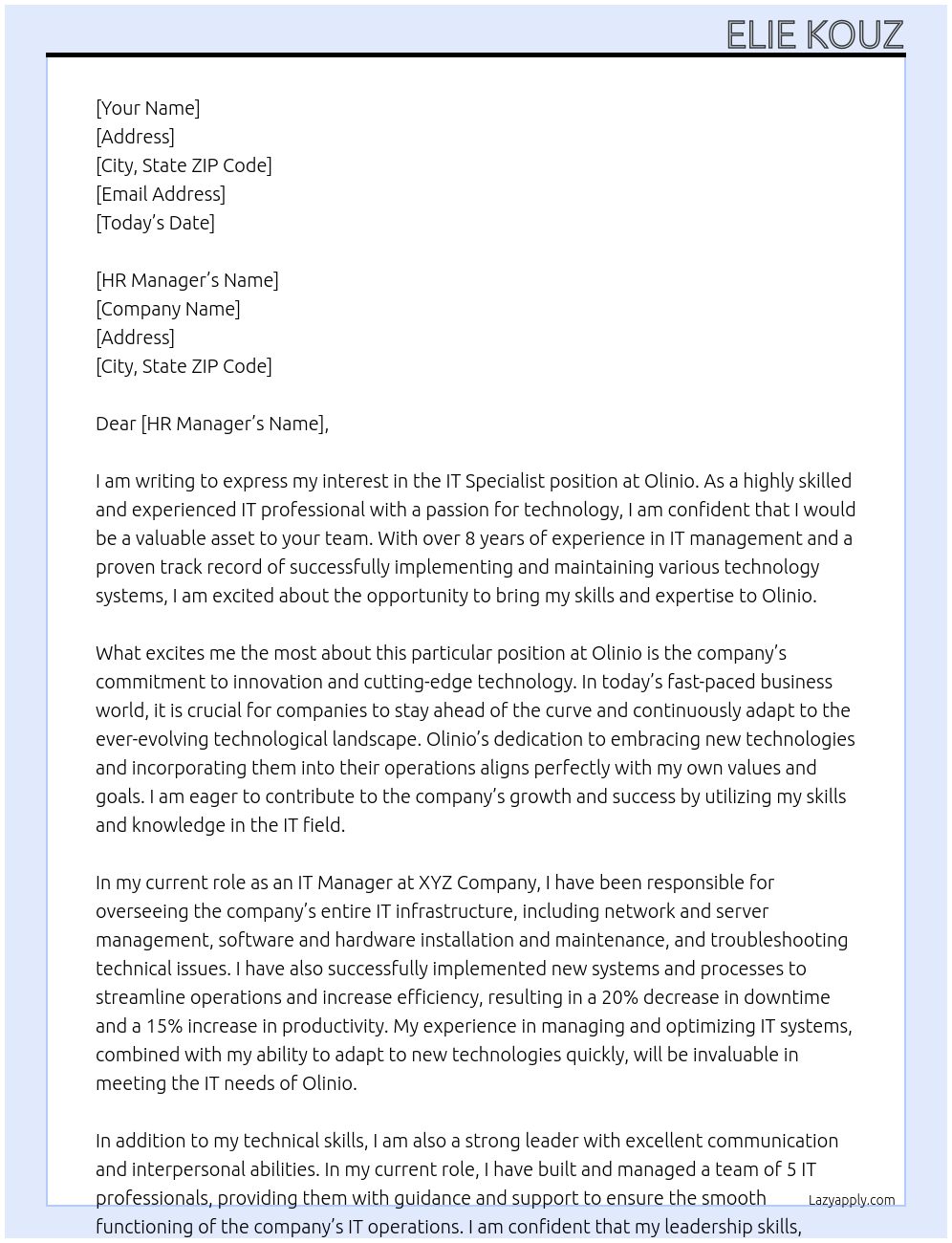 It specialist At Olinio Cover Letter