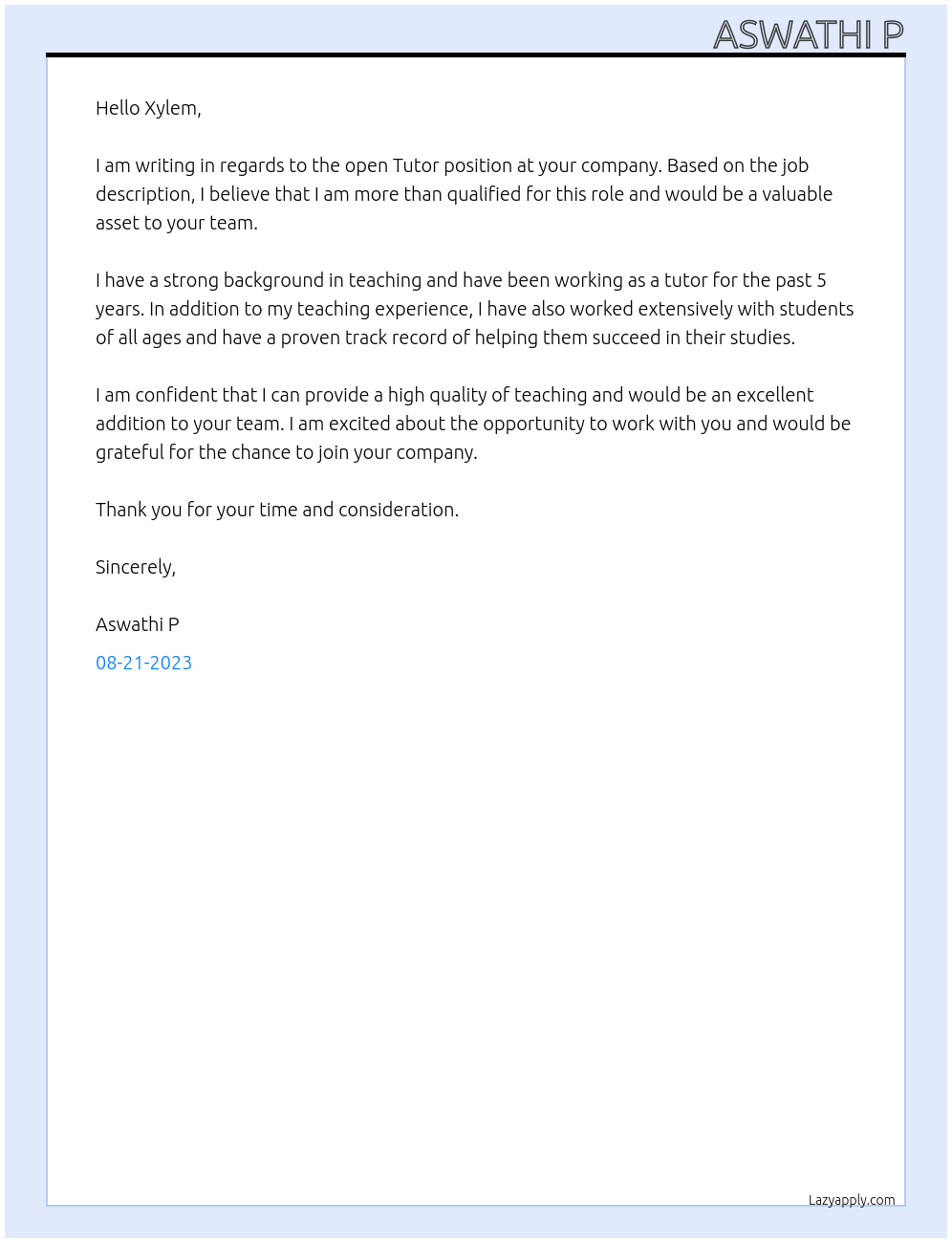 TUTOR At Xylem  Cover Letter