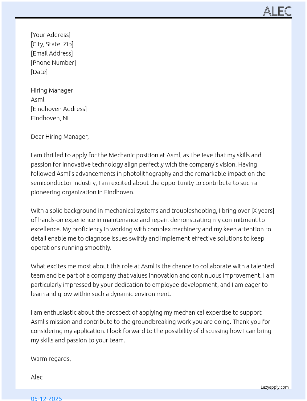 Mechanic At Asml Cover Letter