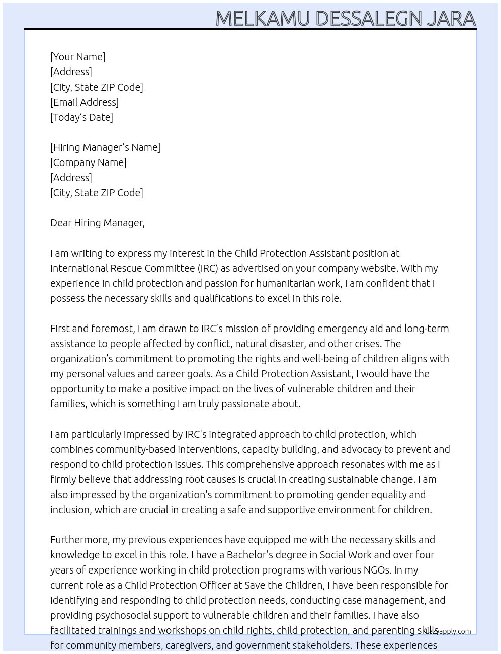 Child Protection Assistant At International Rescue Committee Cover Letter