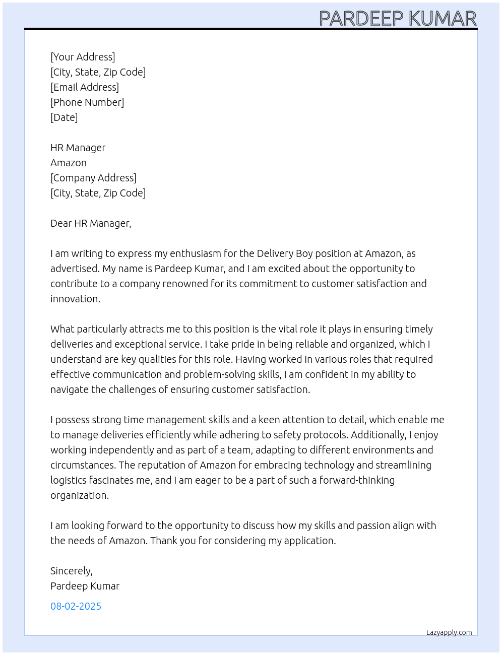 Delivery boy At Amazone Cover Letter