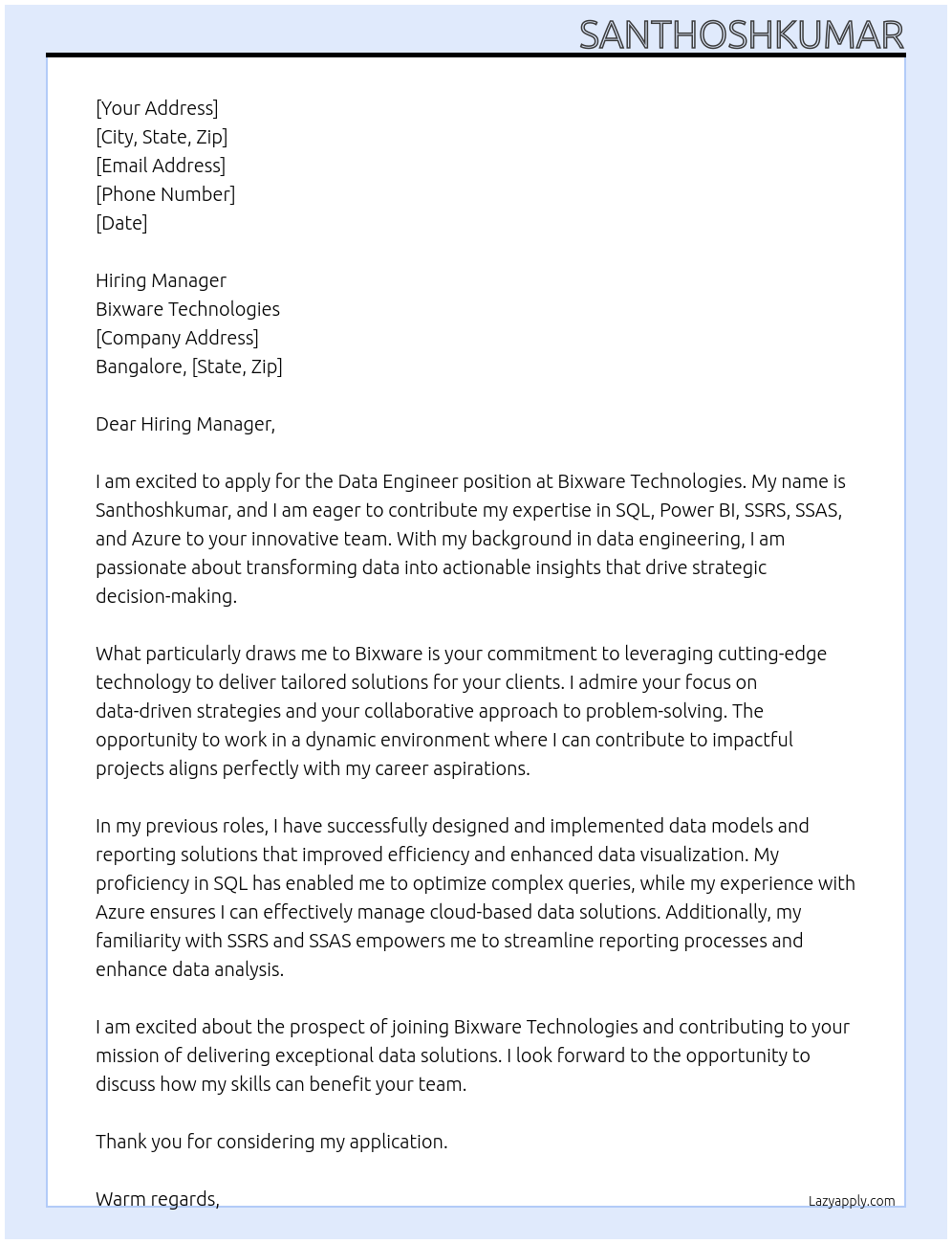 Data Engineer At Bixware Technologies Cover Letter