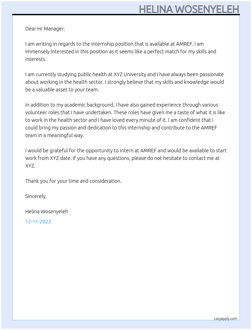 Intership At AMREF Cover Letter