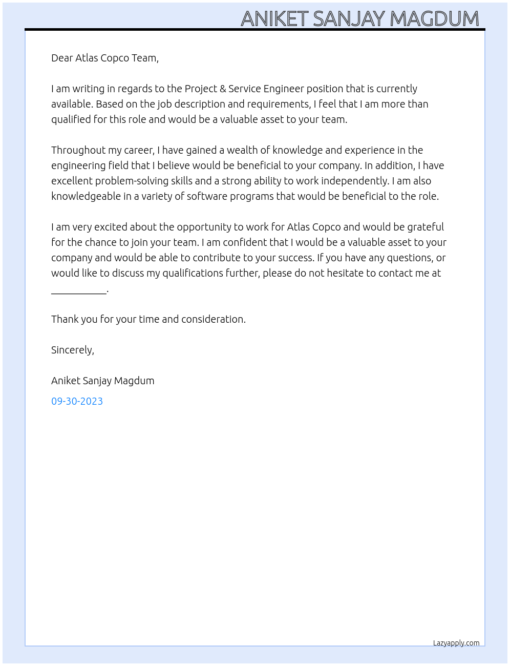 Project & Service Engineer  At Atlas Copco  Cover Letter