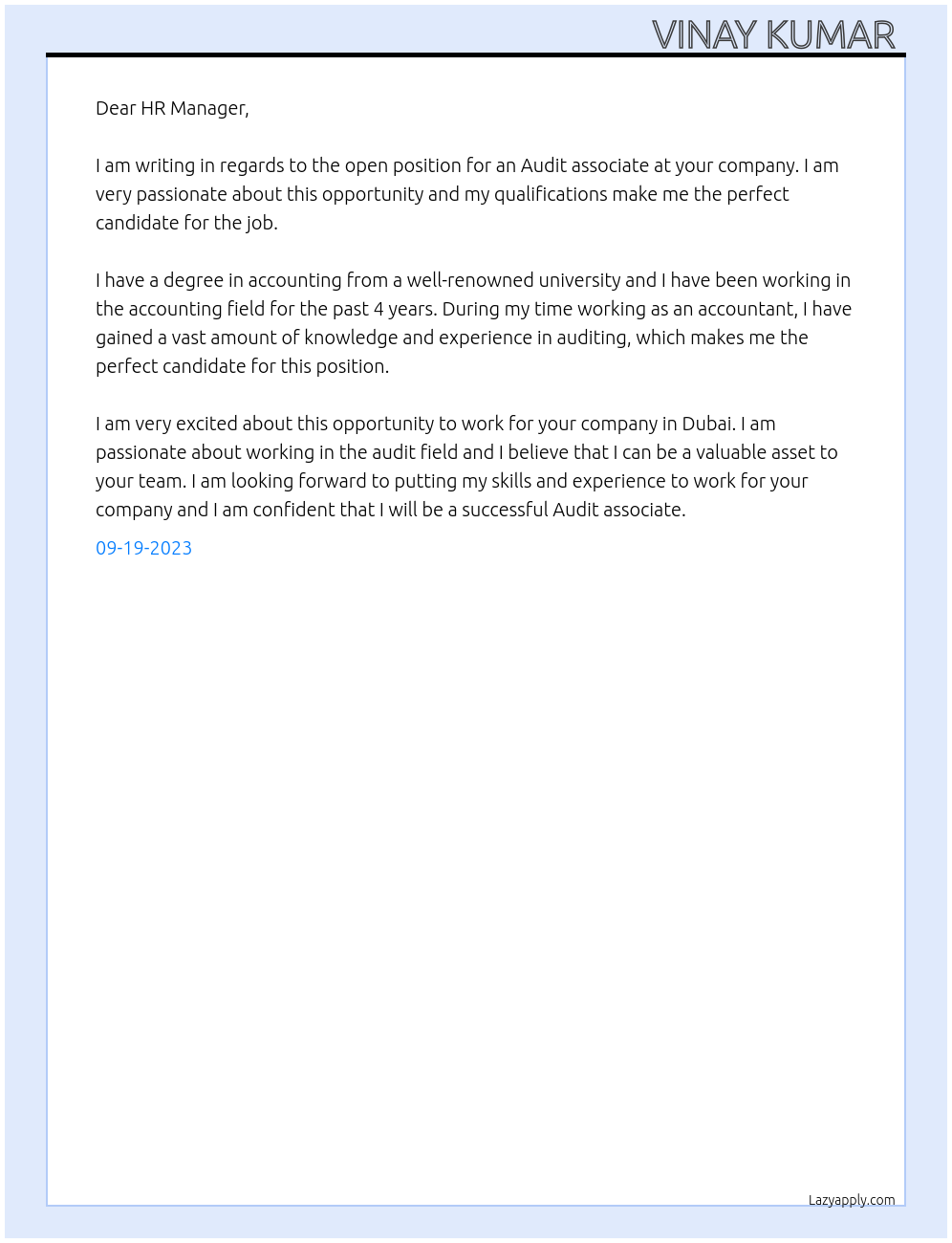 Audit associate At Dubai Cover Letter