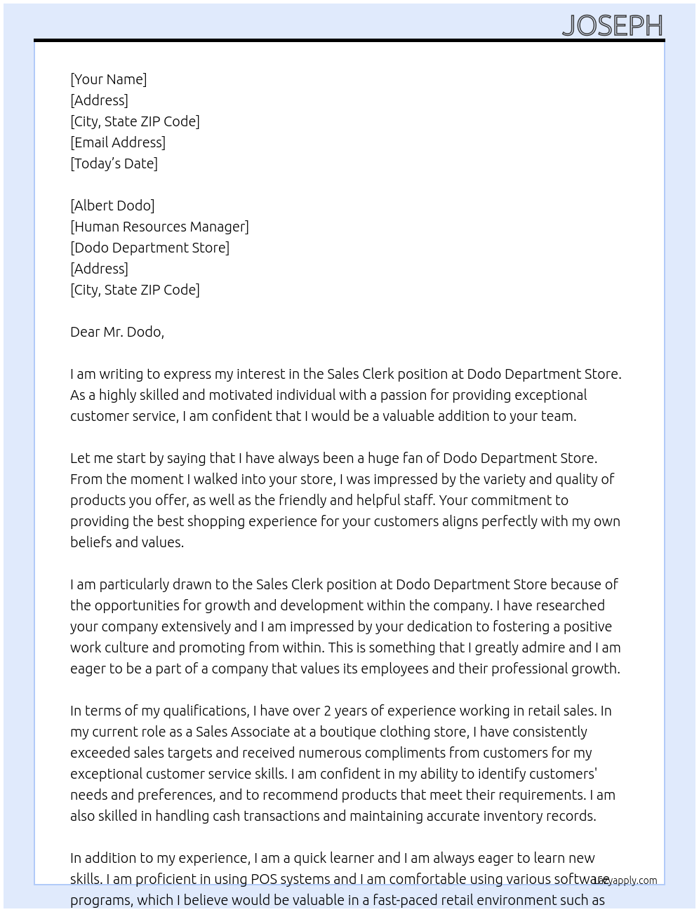 Sales Clerk At Dodo Department Store Cover Letter