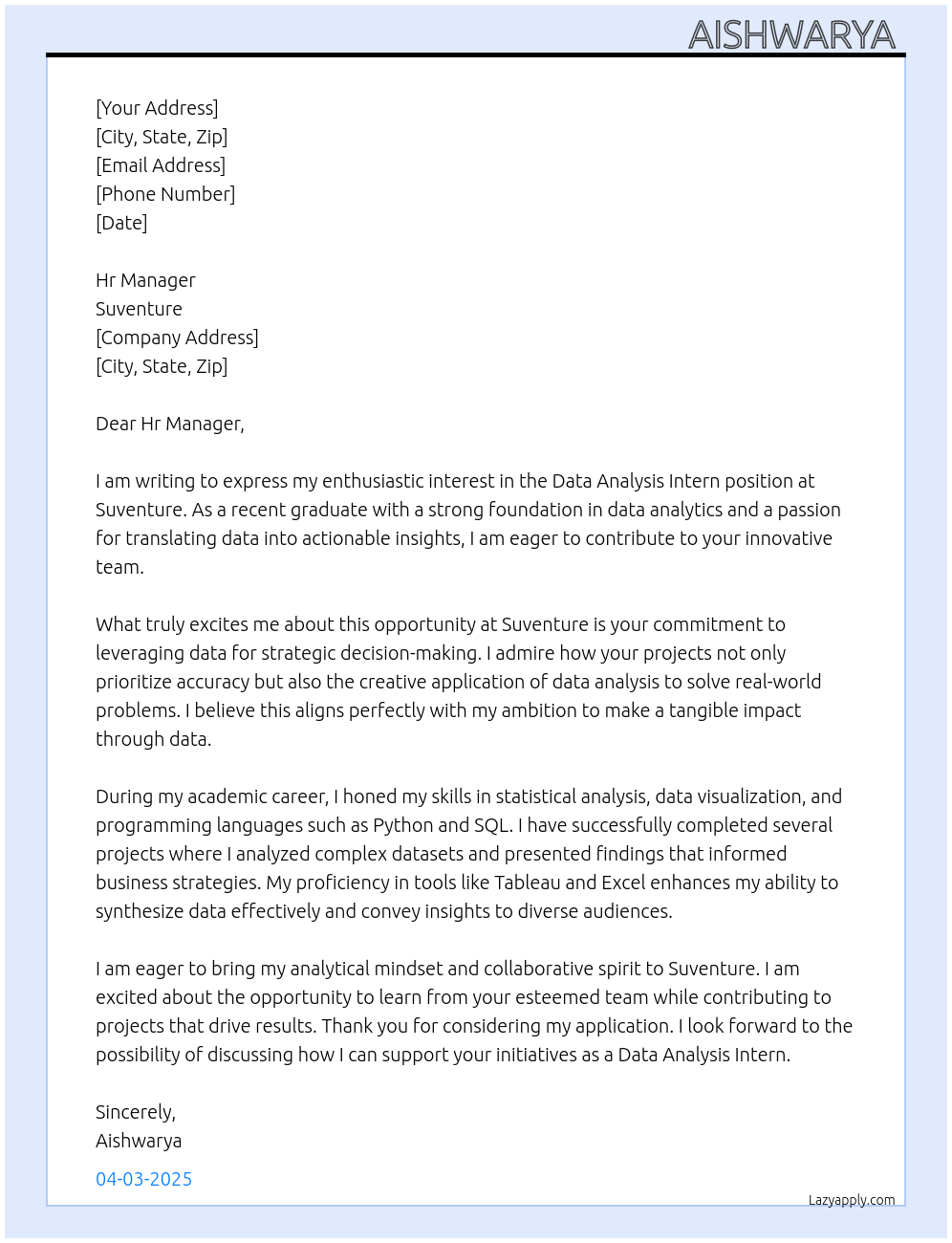 Data analysis intern  At Suventure Cover Letter