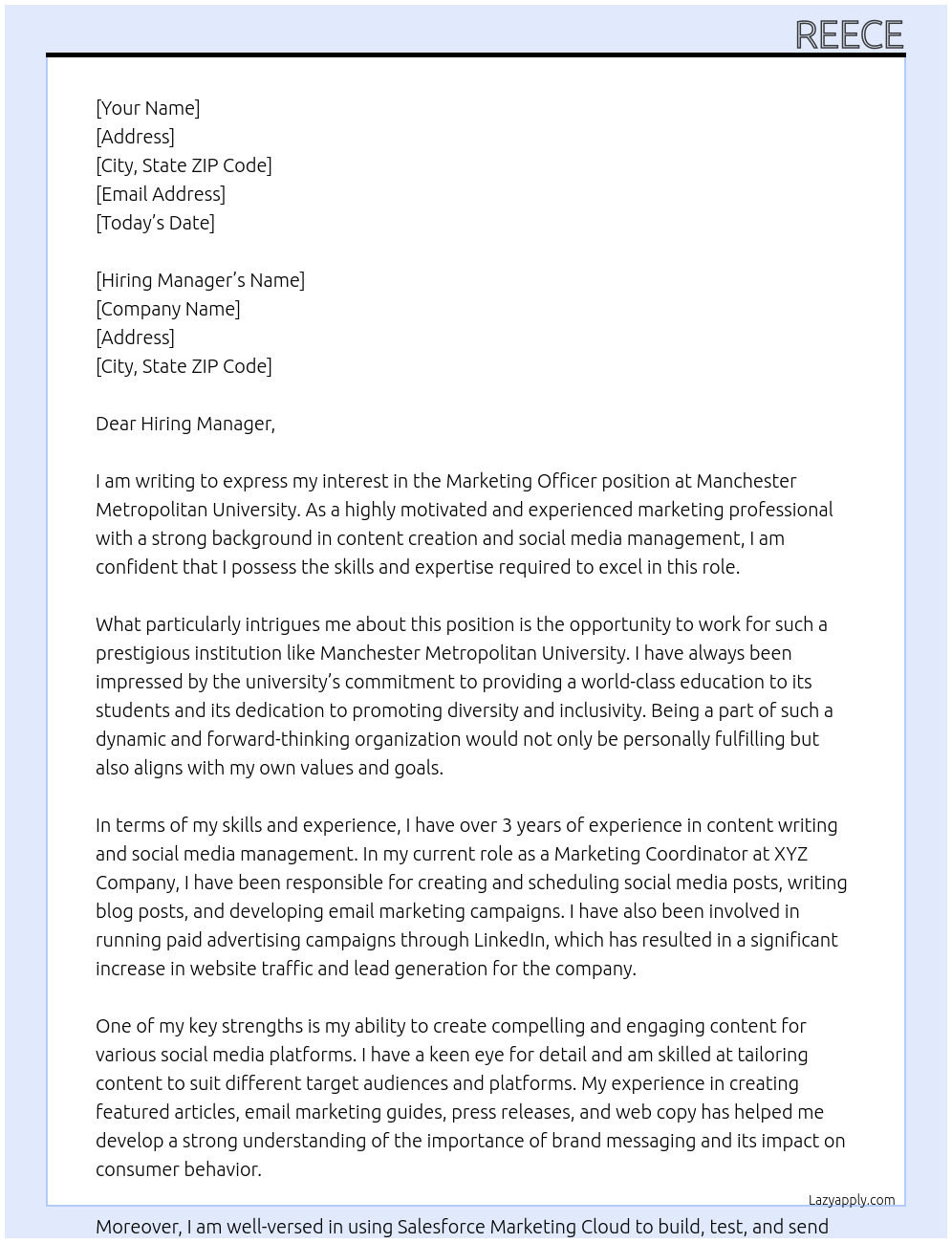 Marketing Officer At Manchester Metropolitan University Cover Letter