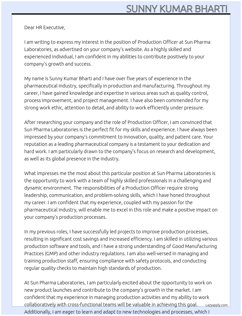Production officer At Sun pharma laboratories Cover Letter