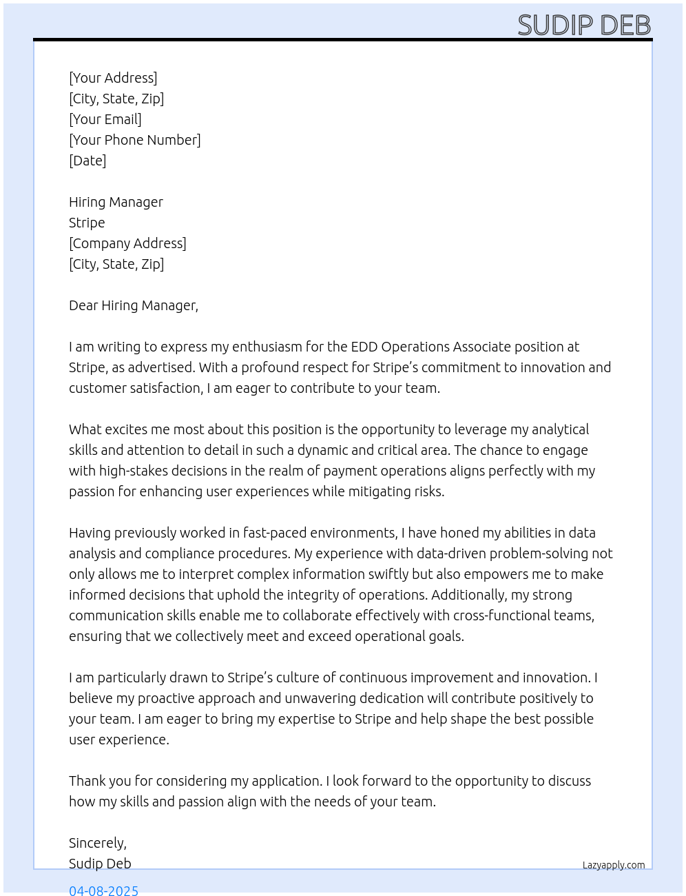 EDD Operations Associate At Stripe Cover Letter