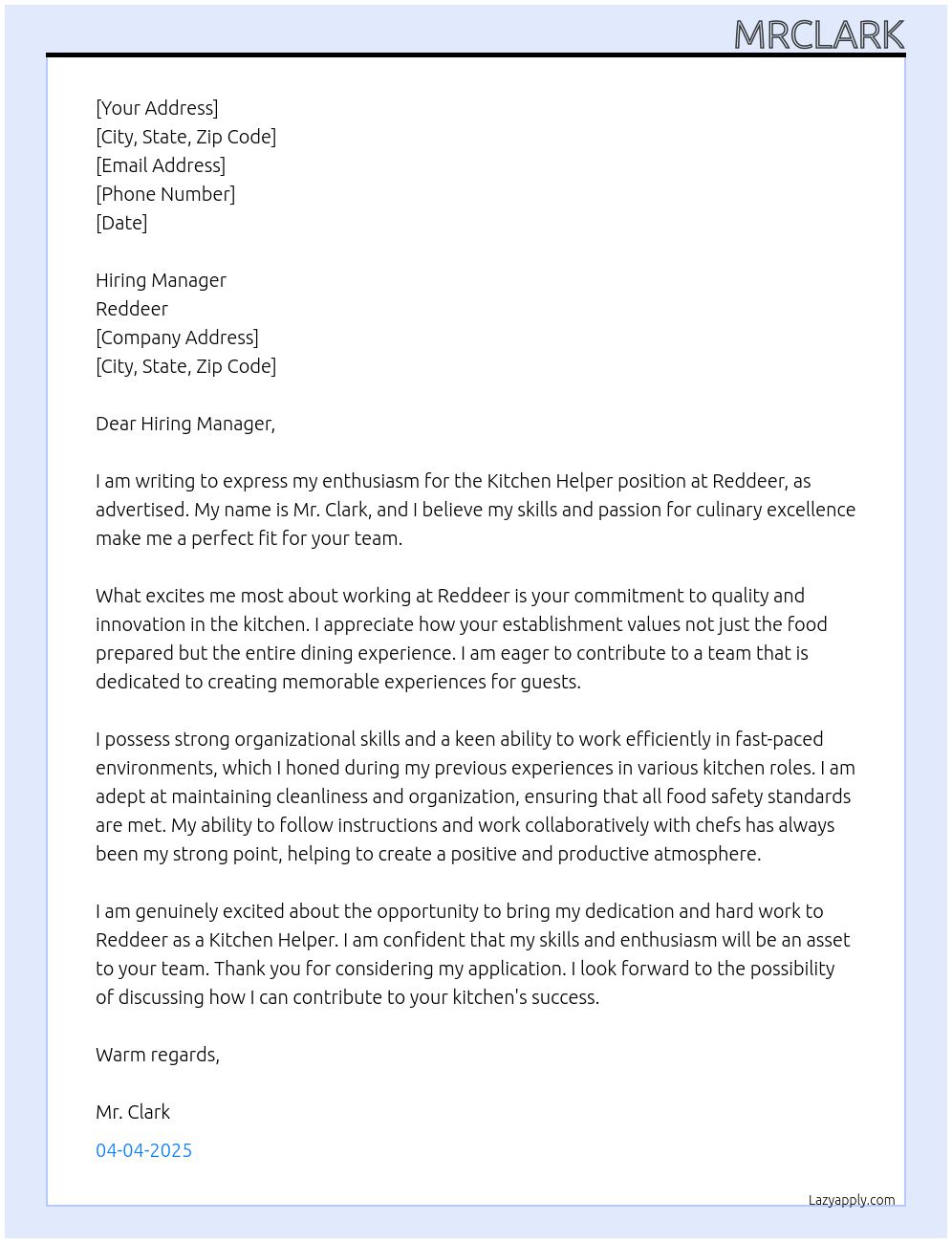 kitchen helper At reddeer Cover Letter