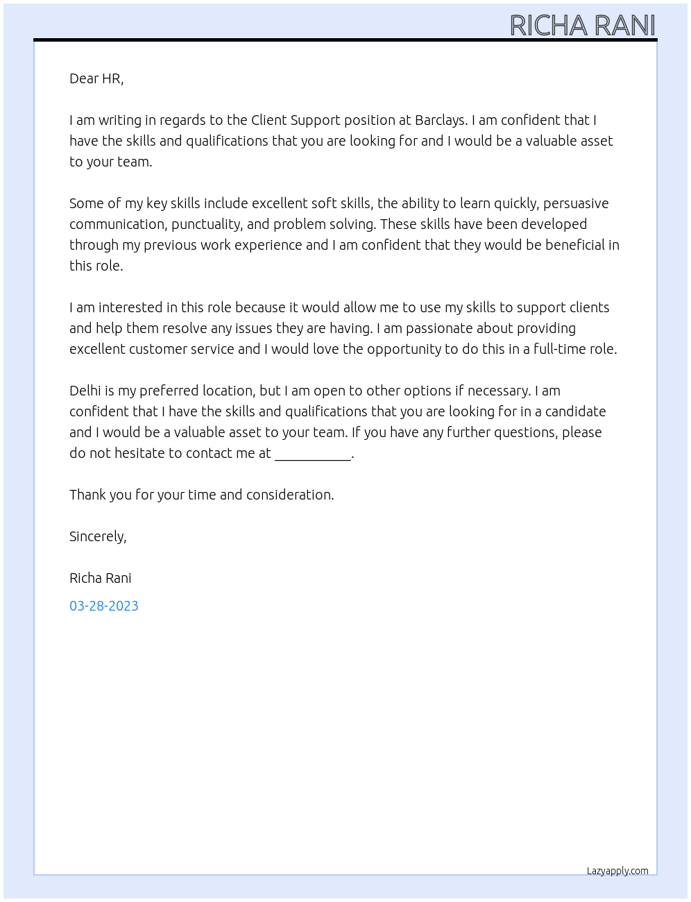 Client Support At Barclays Cover Letter