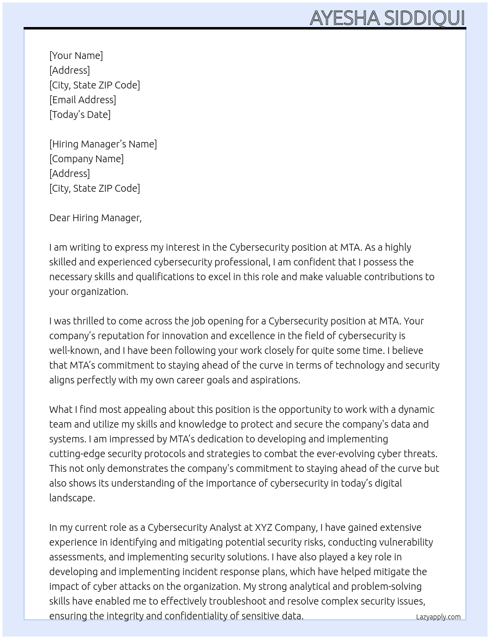 Cybersecurity  At MTA Cover Letter