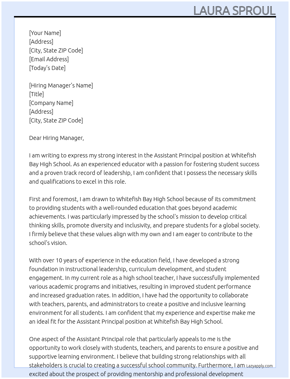 Assistant Principal At Whitefish Bal High School Cover Letter