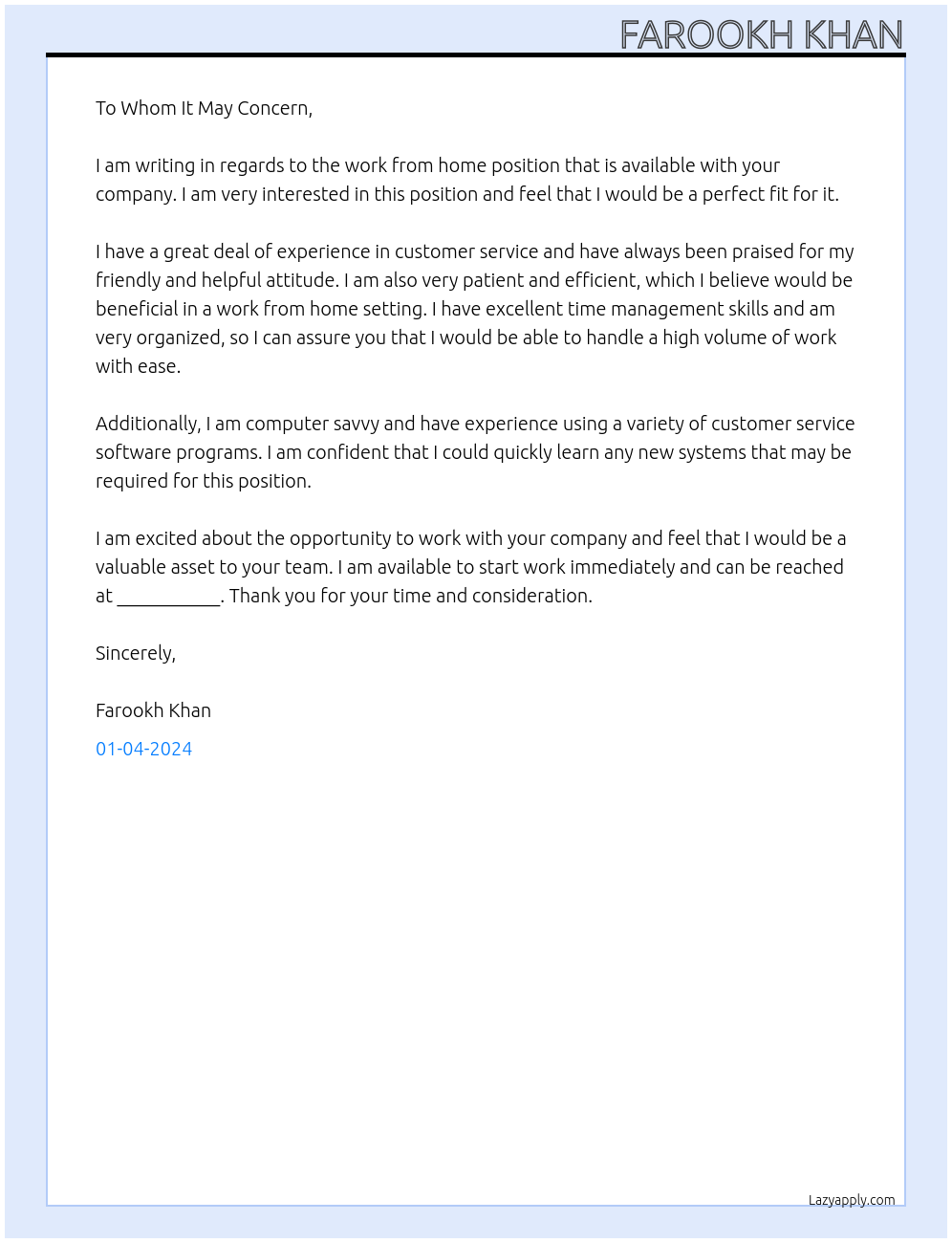 Work from home At Paytm Cover Letter