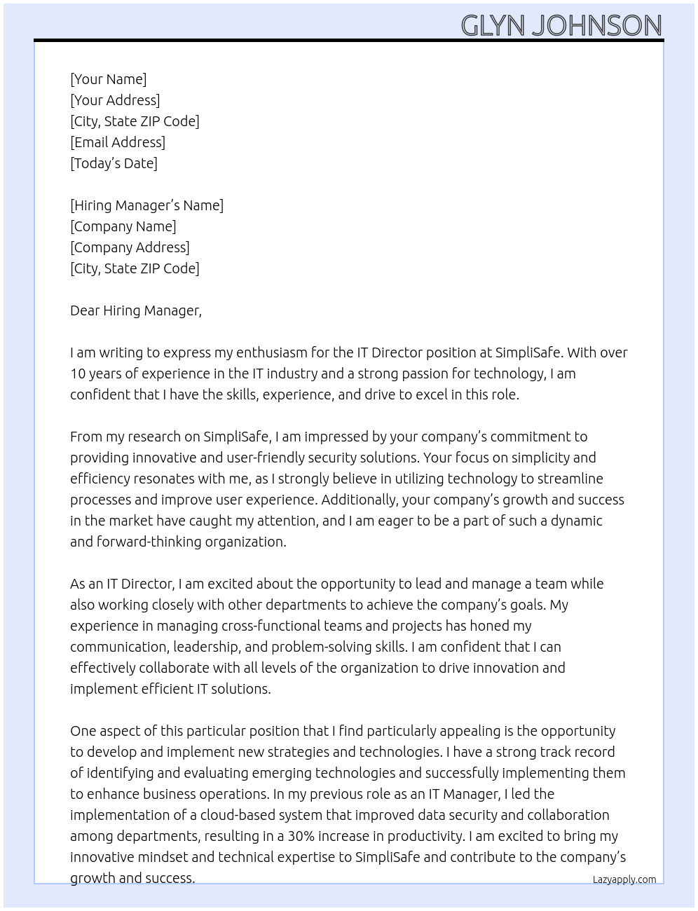 IT Director At SimpliSafe Cover Letter