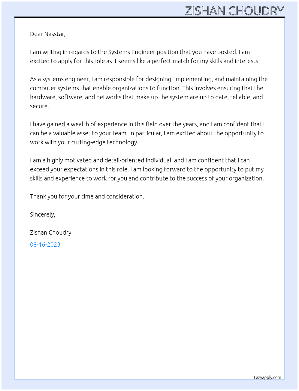 Systems Engineer At nasstar Cover Letter