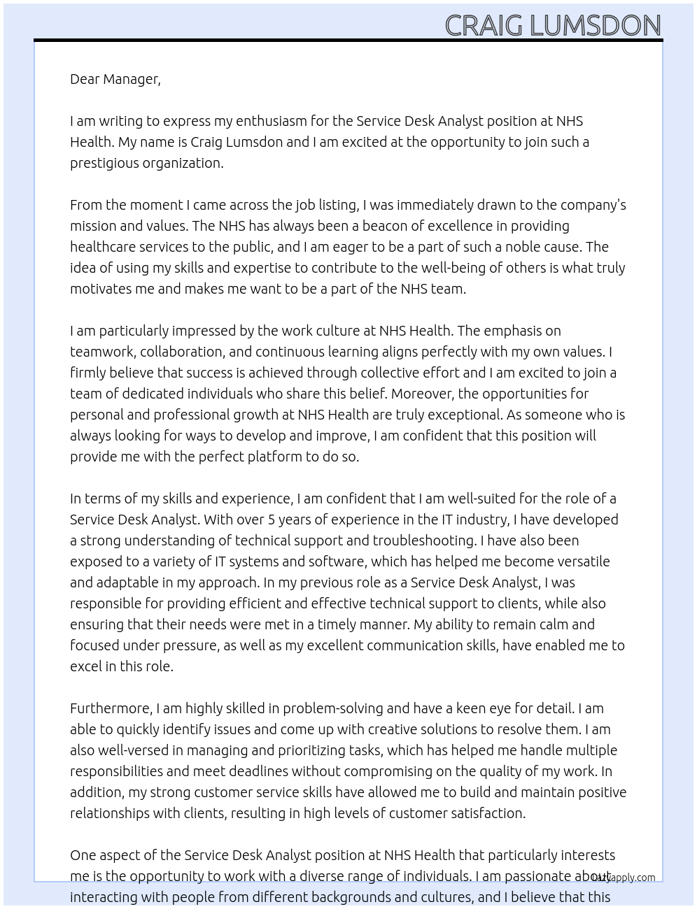 Service Desk Analyst At NHS Health Cover Letter