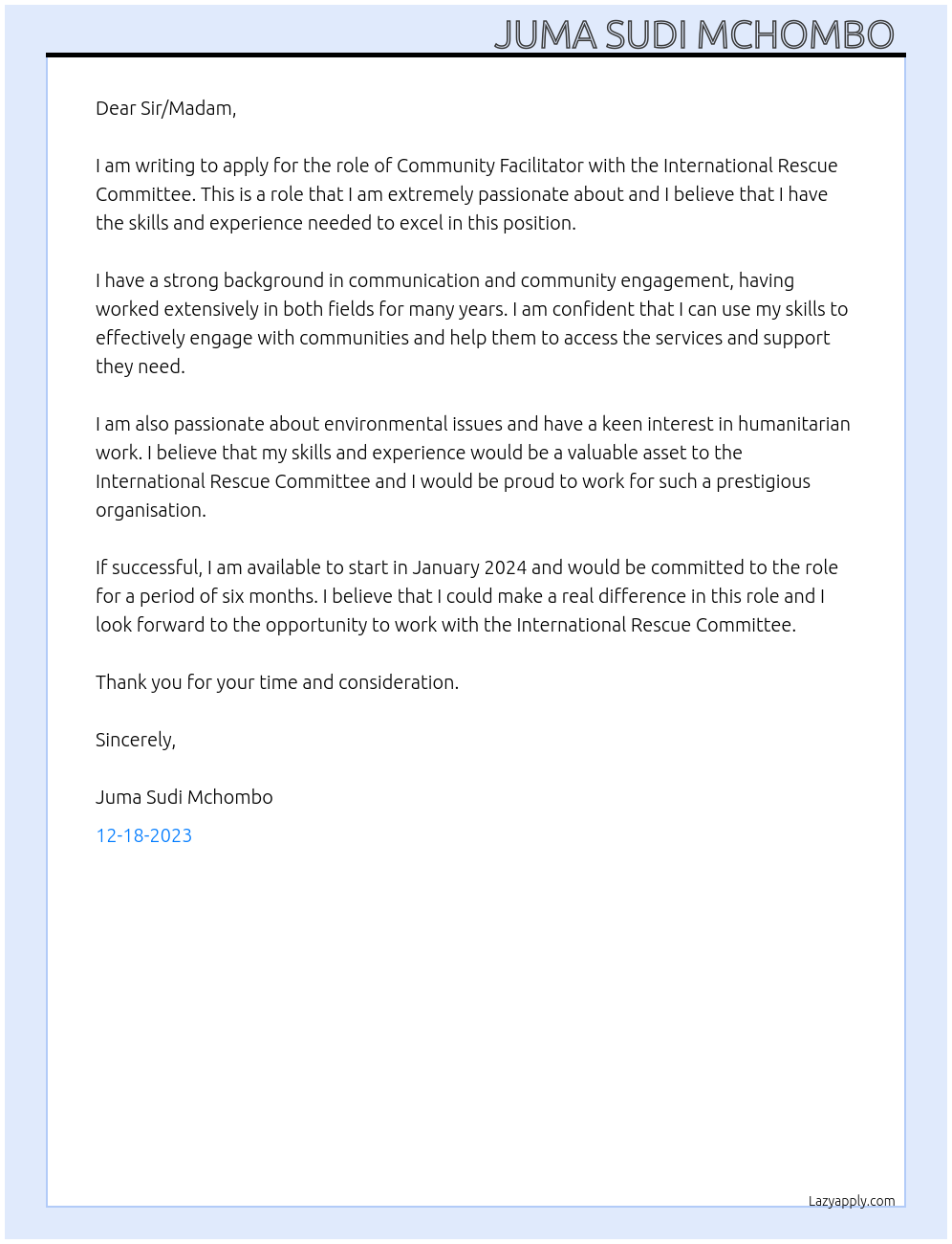 Community Facilitator  At International Rescue committee  Cover Letter