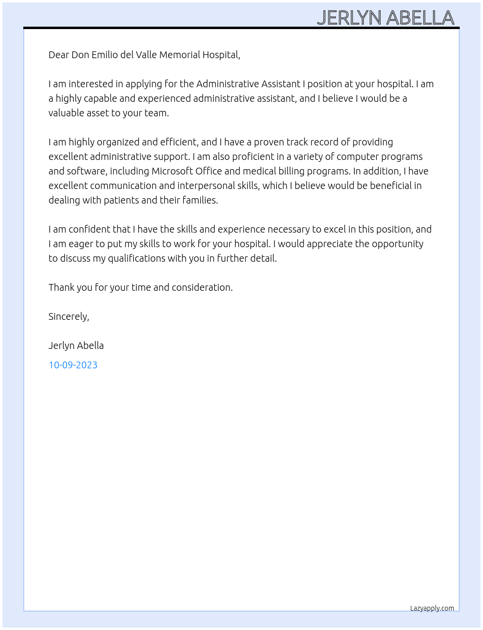 Administrative Assistant I At Don Emilio del Valle Memorial Hospital  Cover Letter