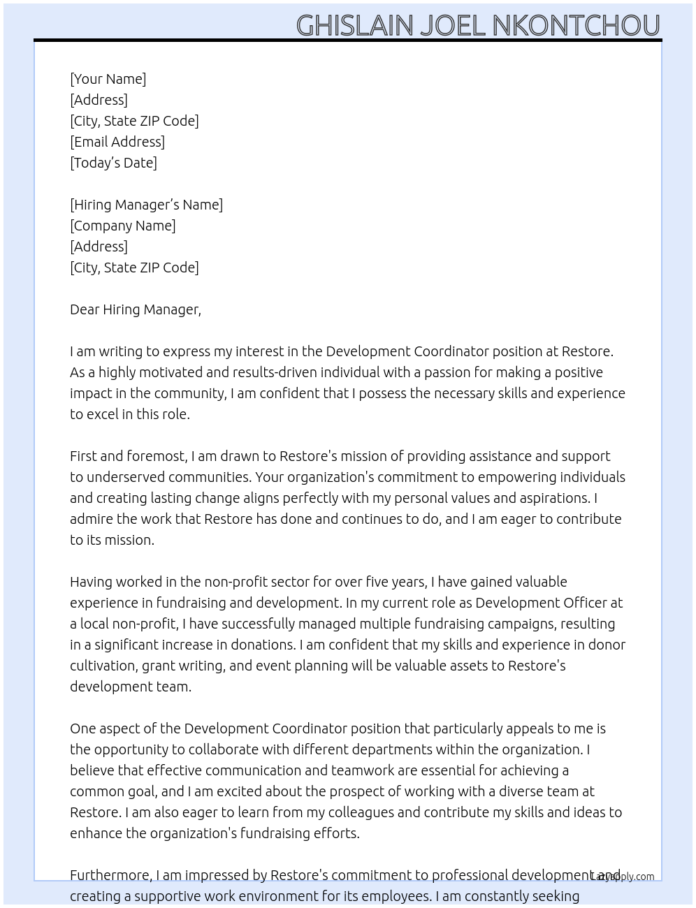 Development Coordinator At Restore Cover Letter