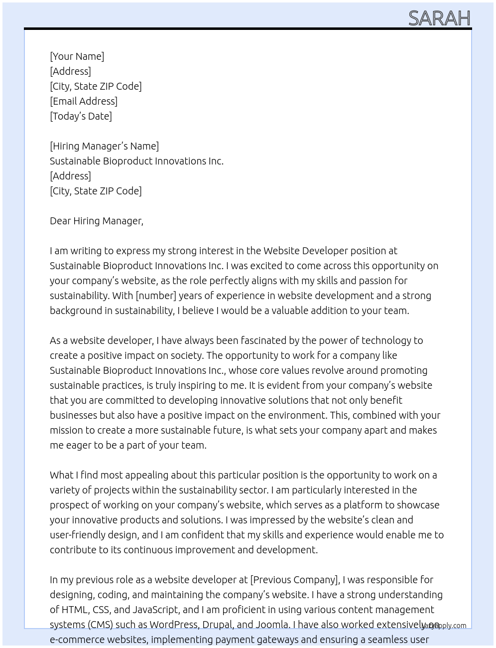 Website Developer At Sustainable Bioproduct Innovations Inc. Cover Letter