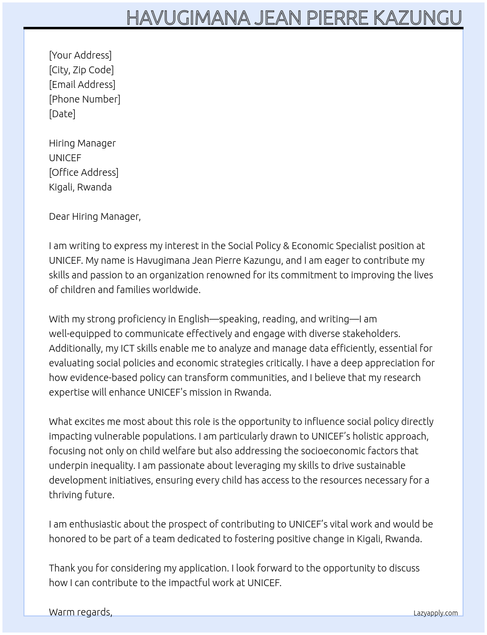 Social Policy & Economic Specialist At UN Cover Letter