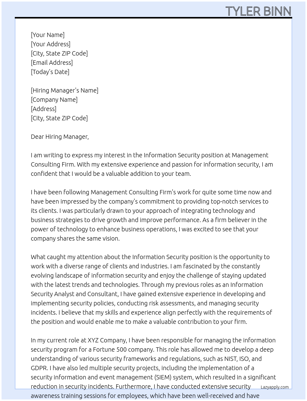 Information Security  At Management Consulting Firm Cover Letter