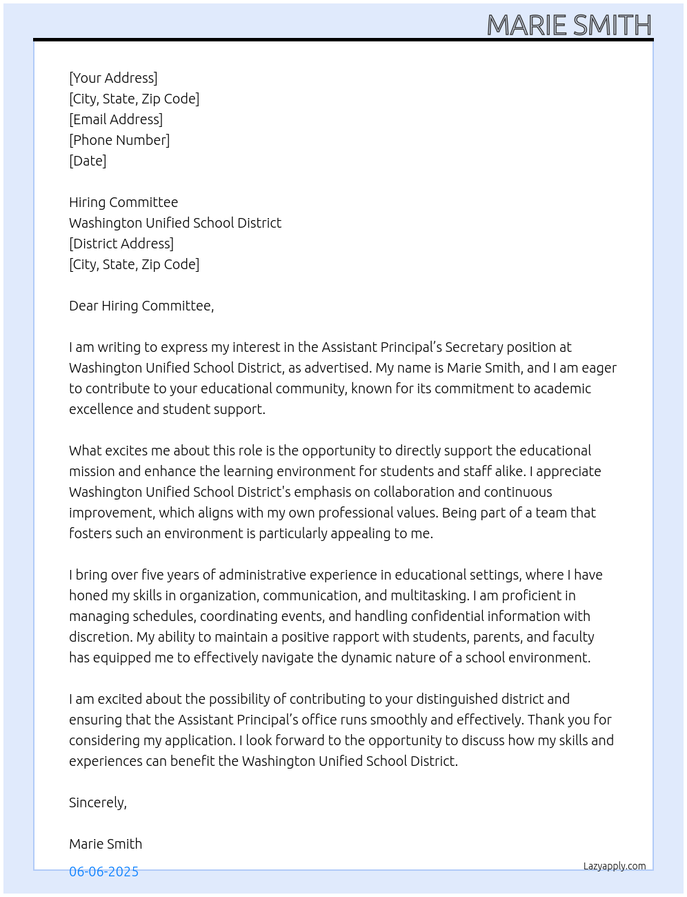 Cover letter for assistant principal’s secretary - LazyApply