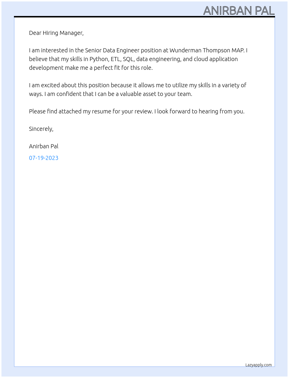 Senior Data Engineer At Wunderman Thompson MAP Cover Letter