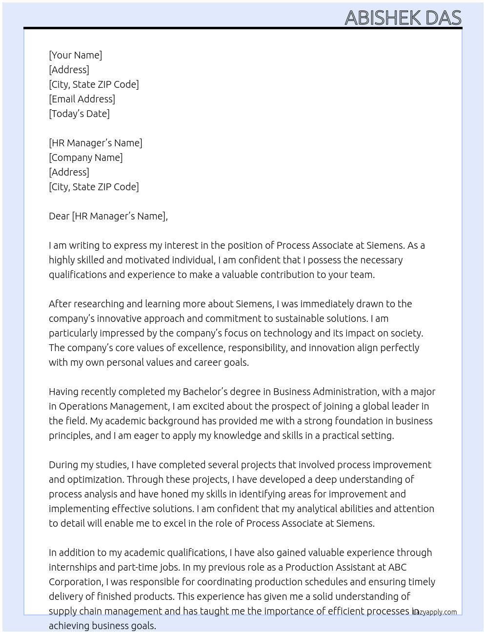 Process associate At Seimens Cover Letter