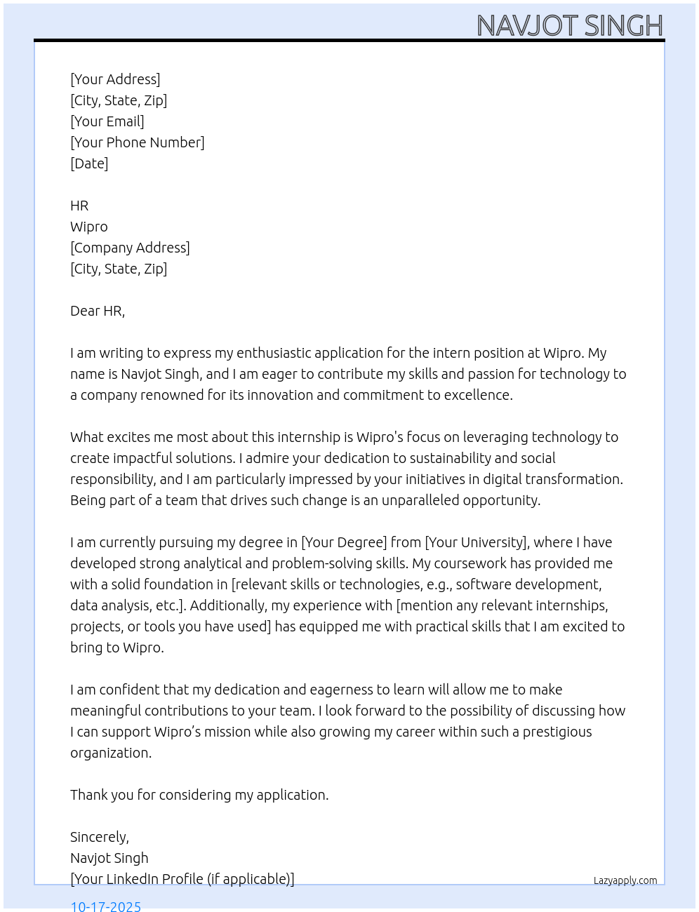 intern At wipro Cover Letter