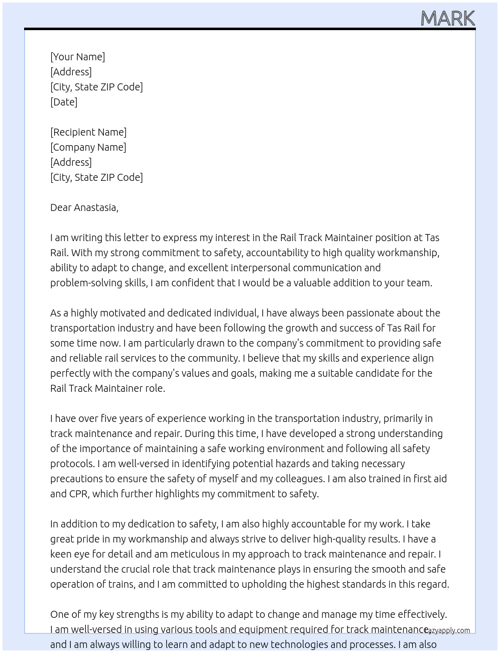 Rail Track Maintainer At Tas Rail Cover Letter