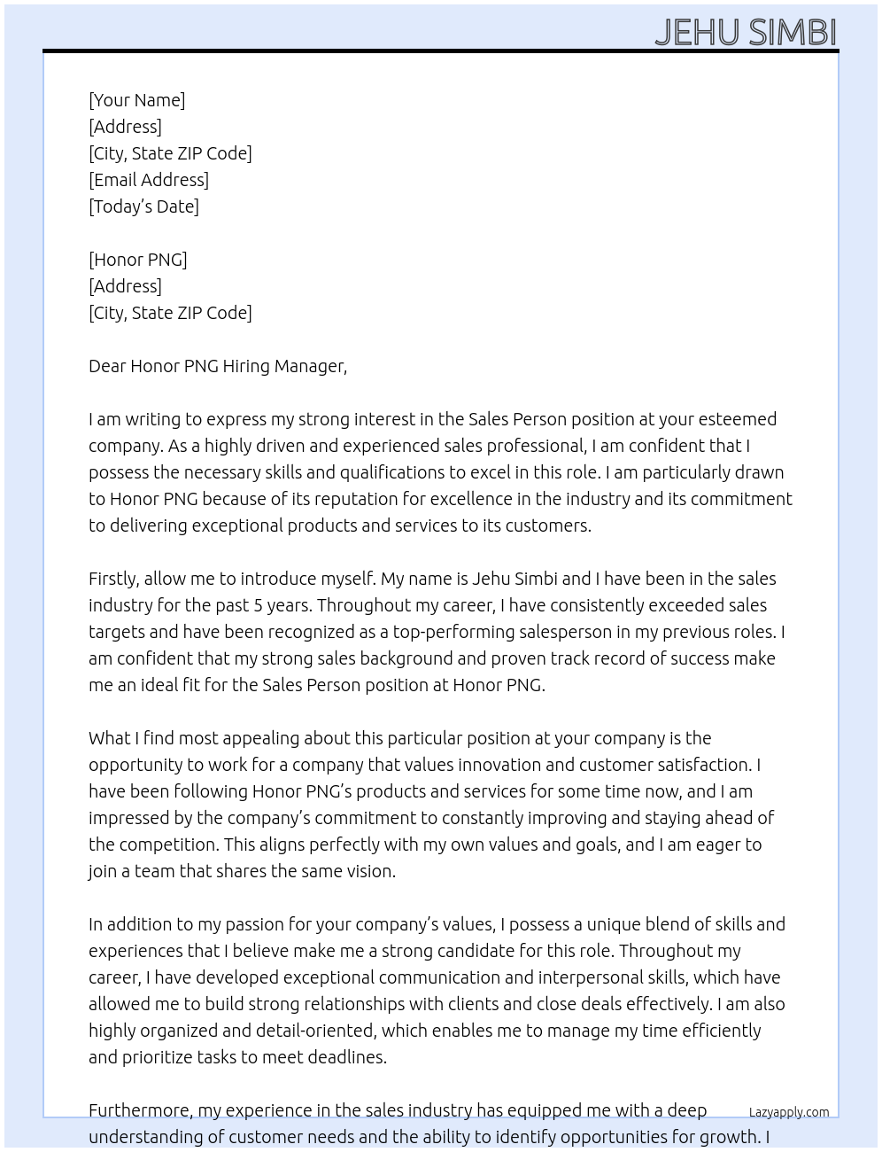 Sales Person At HONOR PNG Cover Letter