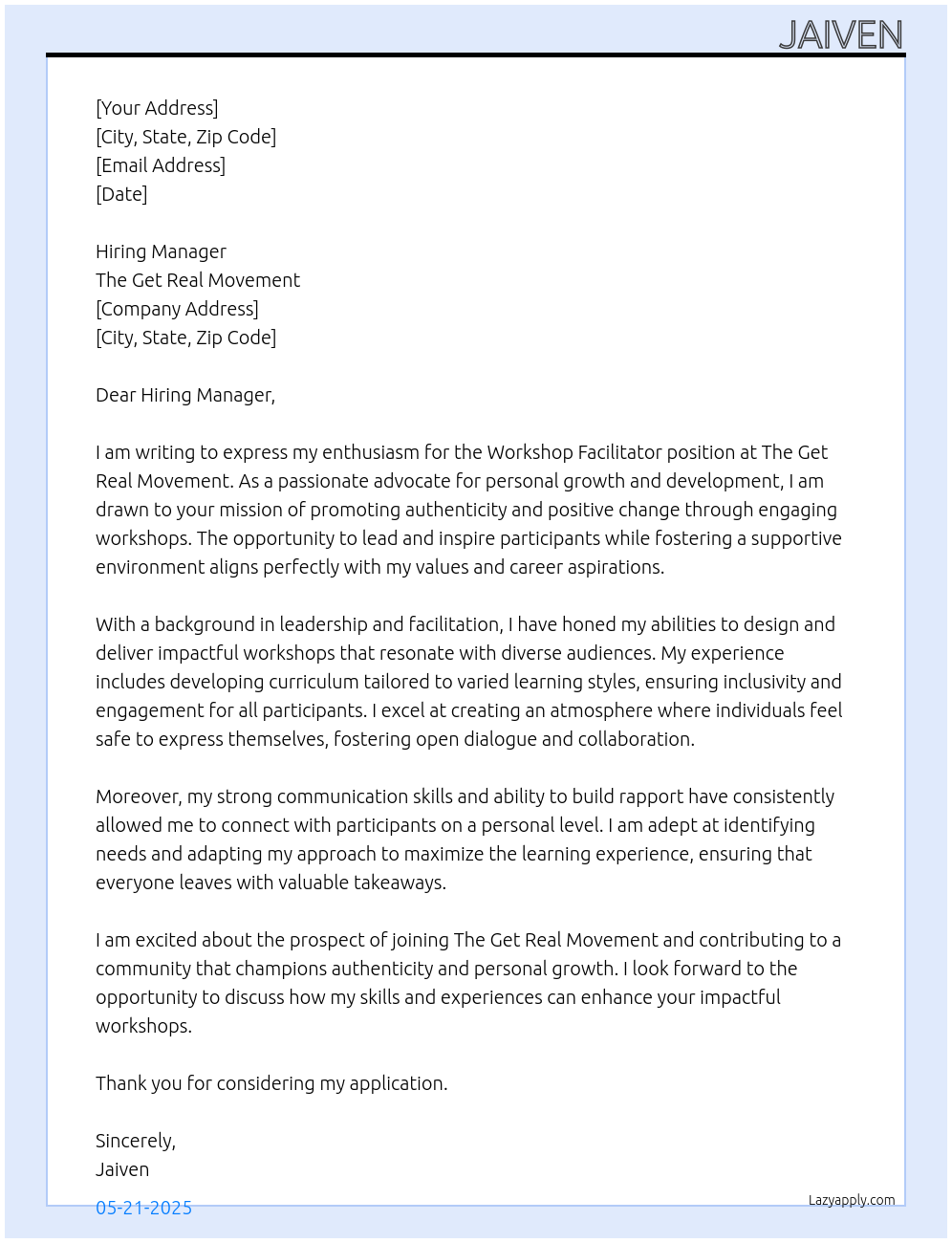 Cover letter for workshop facilitator - LazyApply