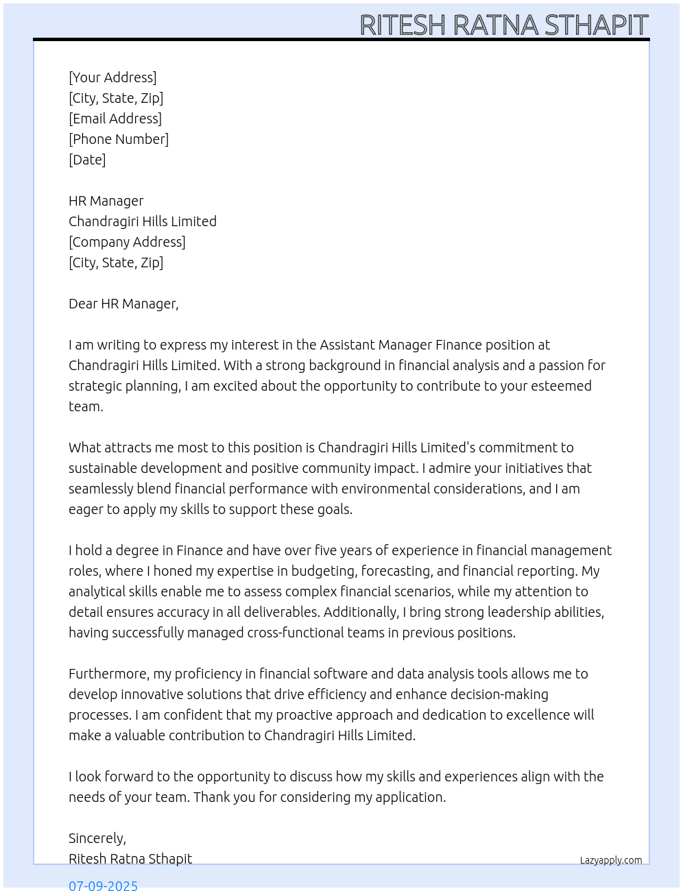 Cover letter for assistant manager finance - LazyApply