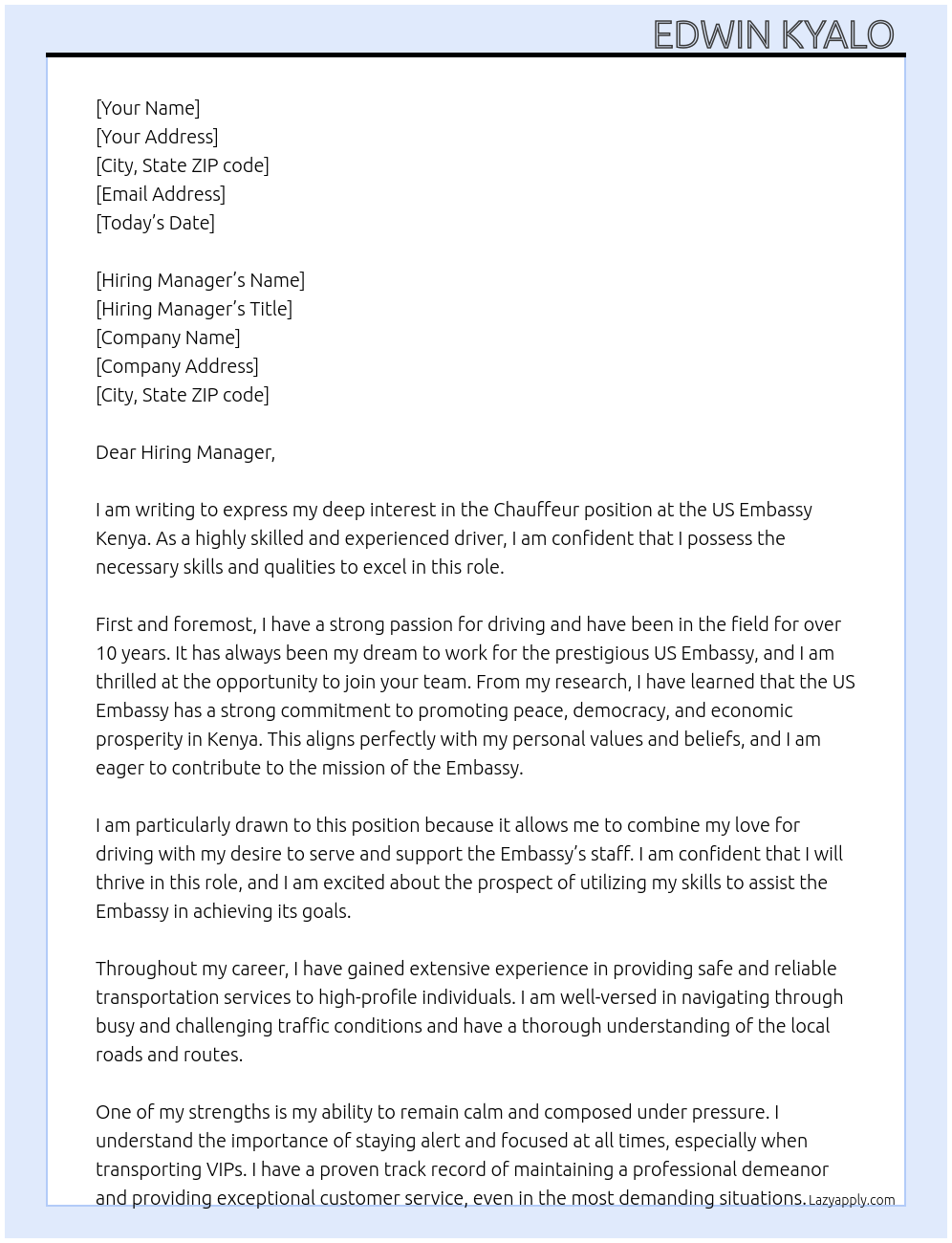 Chauffeur At Us Embassy Kenya Cover Letter