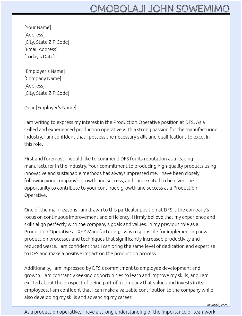 Production operative At Dfs Cover Letter