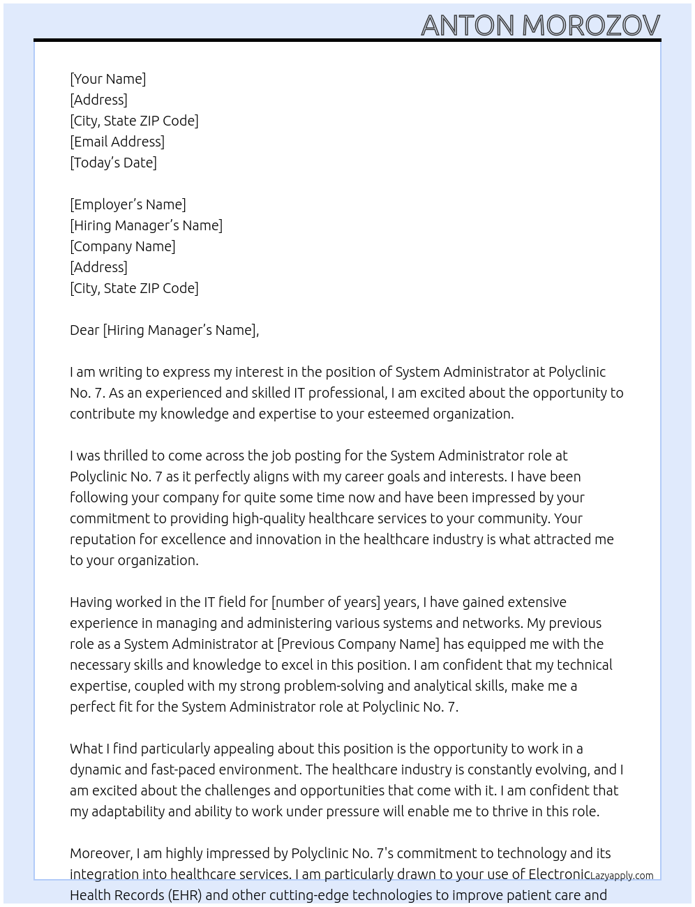 System administrator At Polyclinic No. 7 Cover Letter