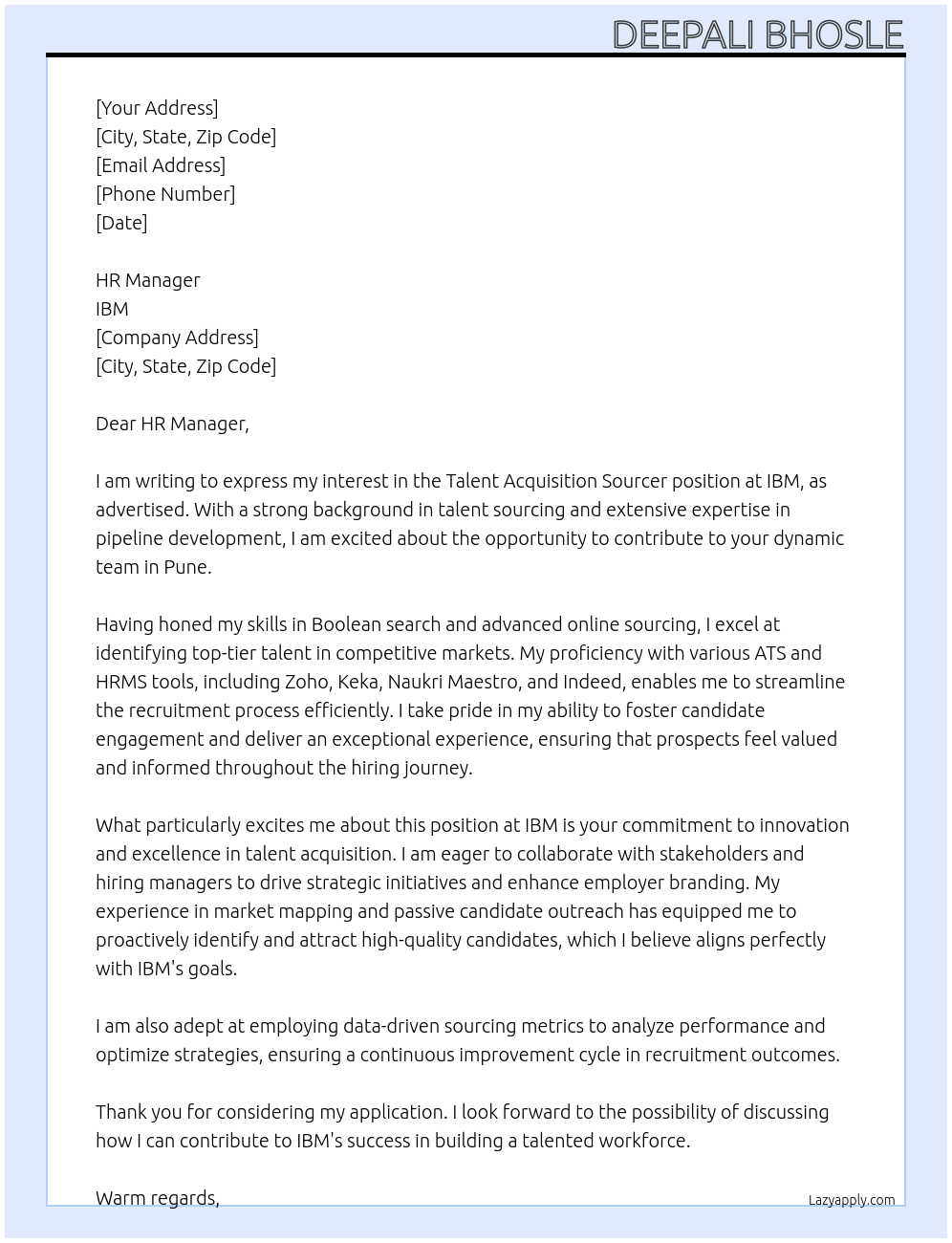 Talent Acquisition Sourcer At IBM Cover Letter