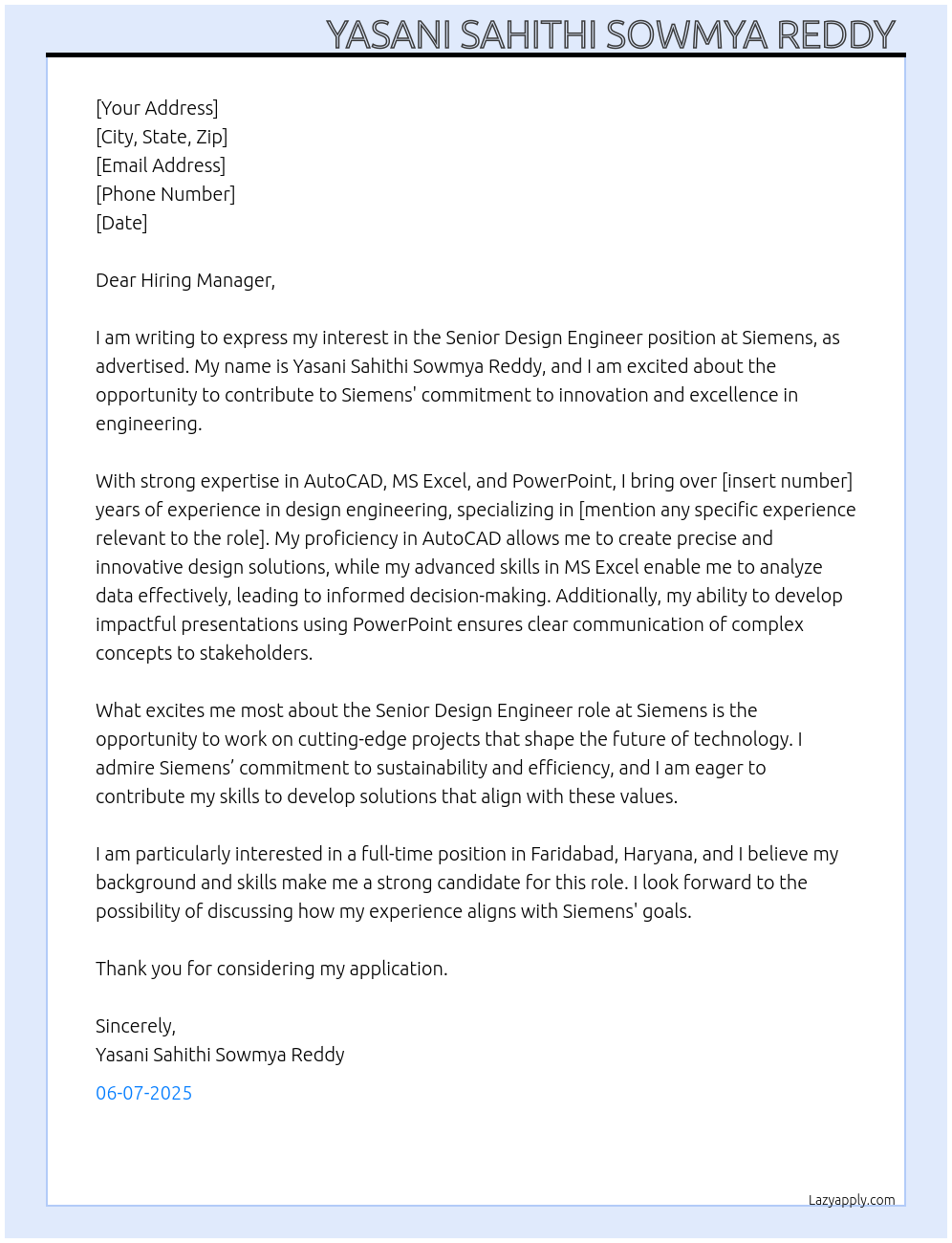 senior design engineer At simens Cover Letter