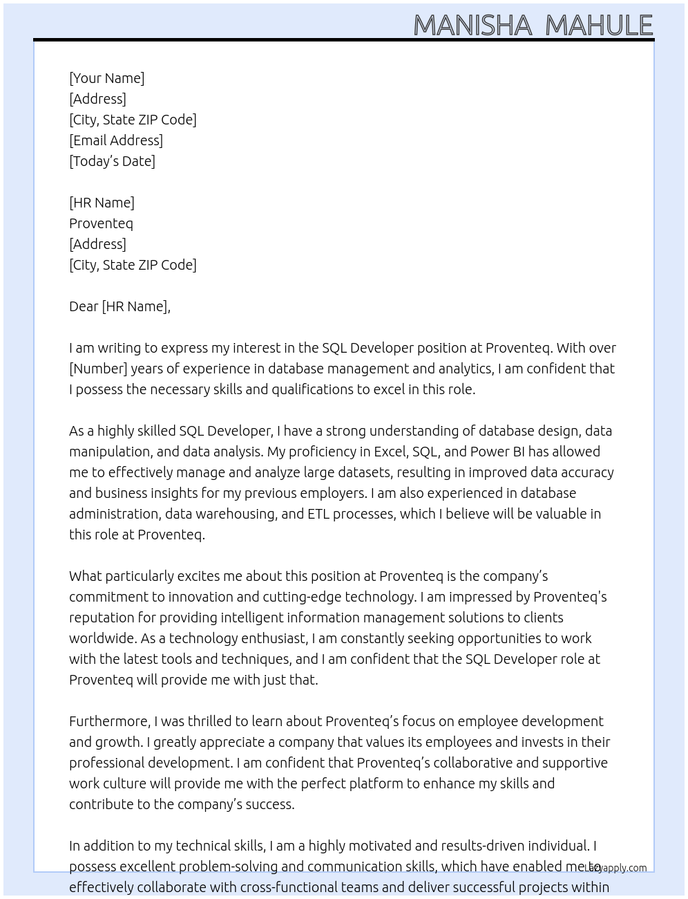 SQL Developer At Proventeq Cover Letter