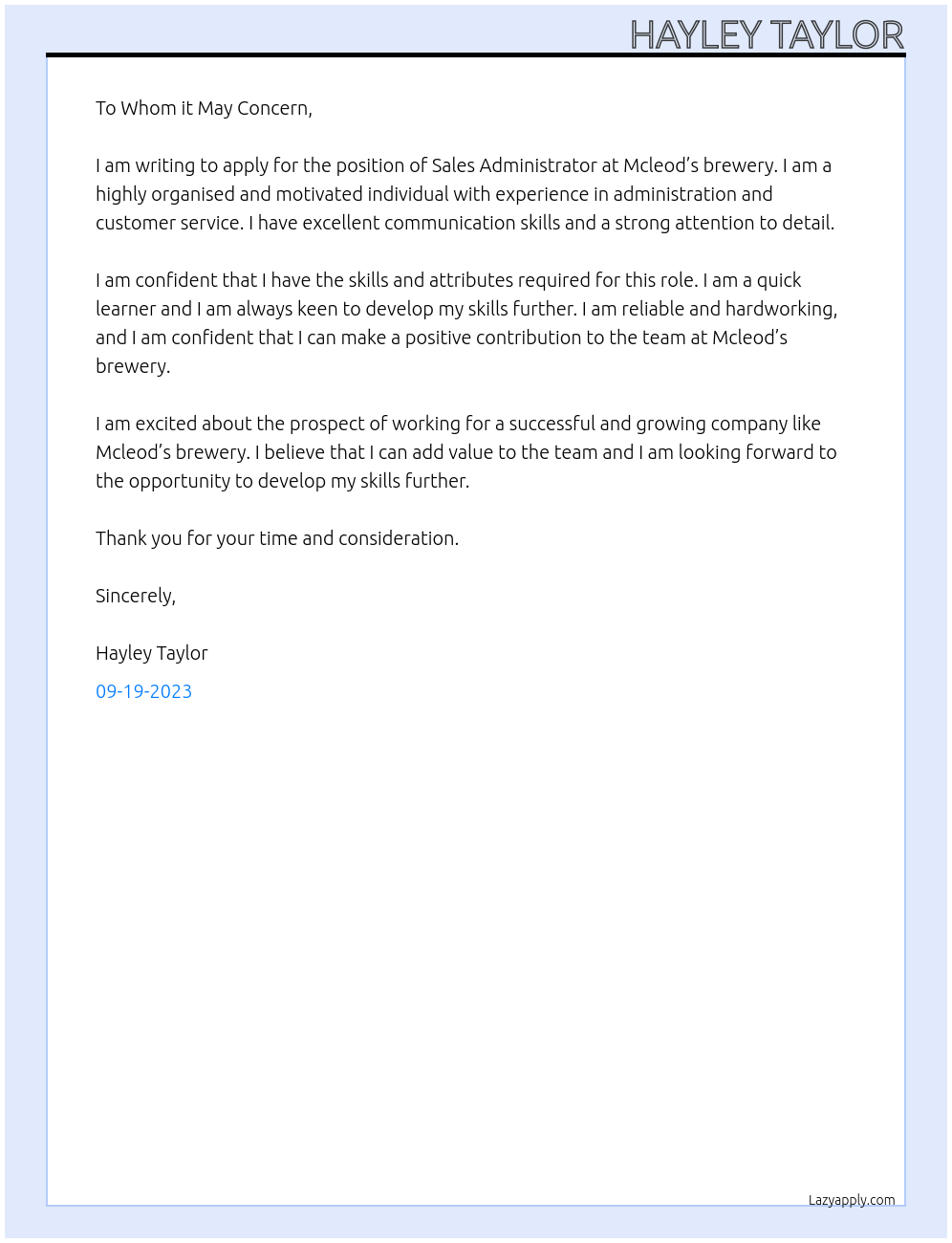 Sales Administrator At Mcleod’s brewery Cover Letter