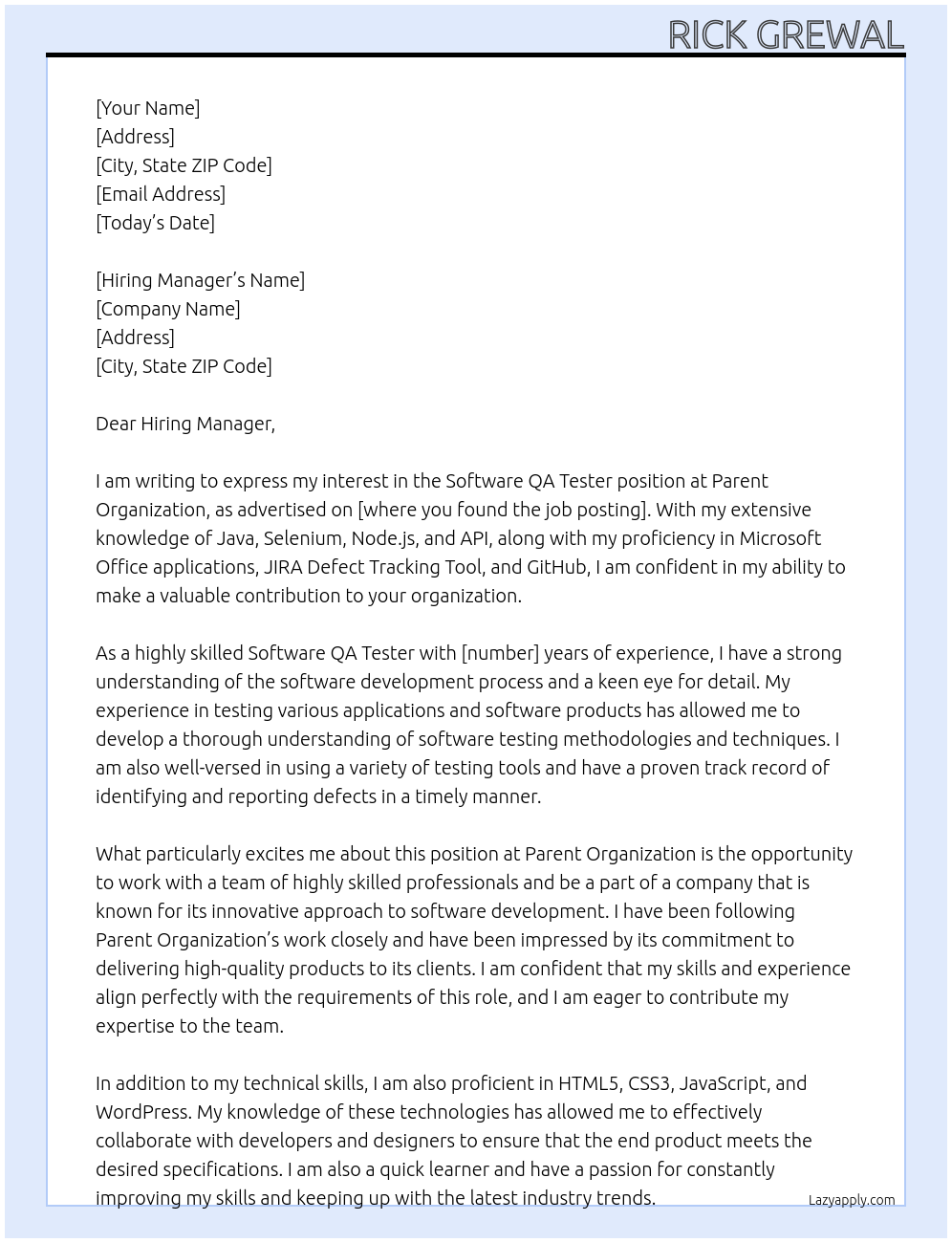 Software QA Tester At Parent Organization Cover Letter